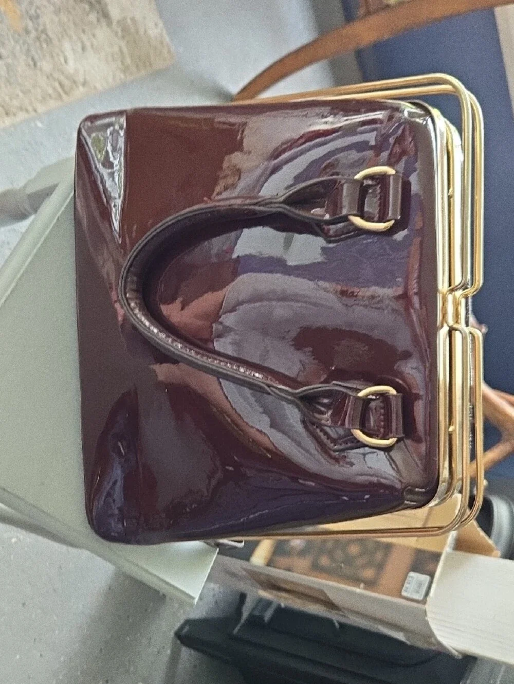 Gloss Quilted Satchel Bag in Dark Brown with Gold Frame